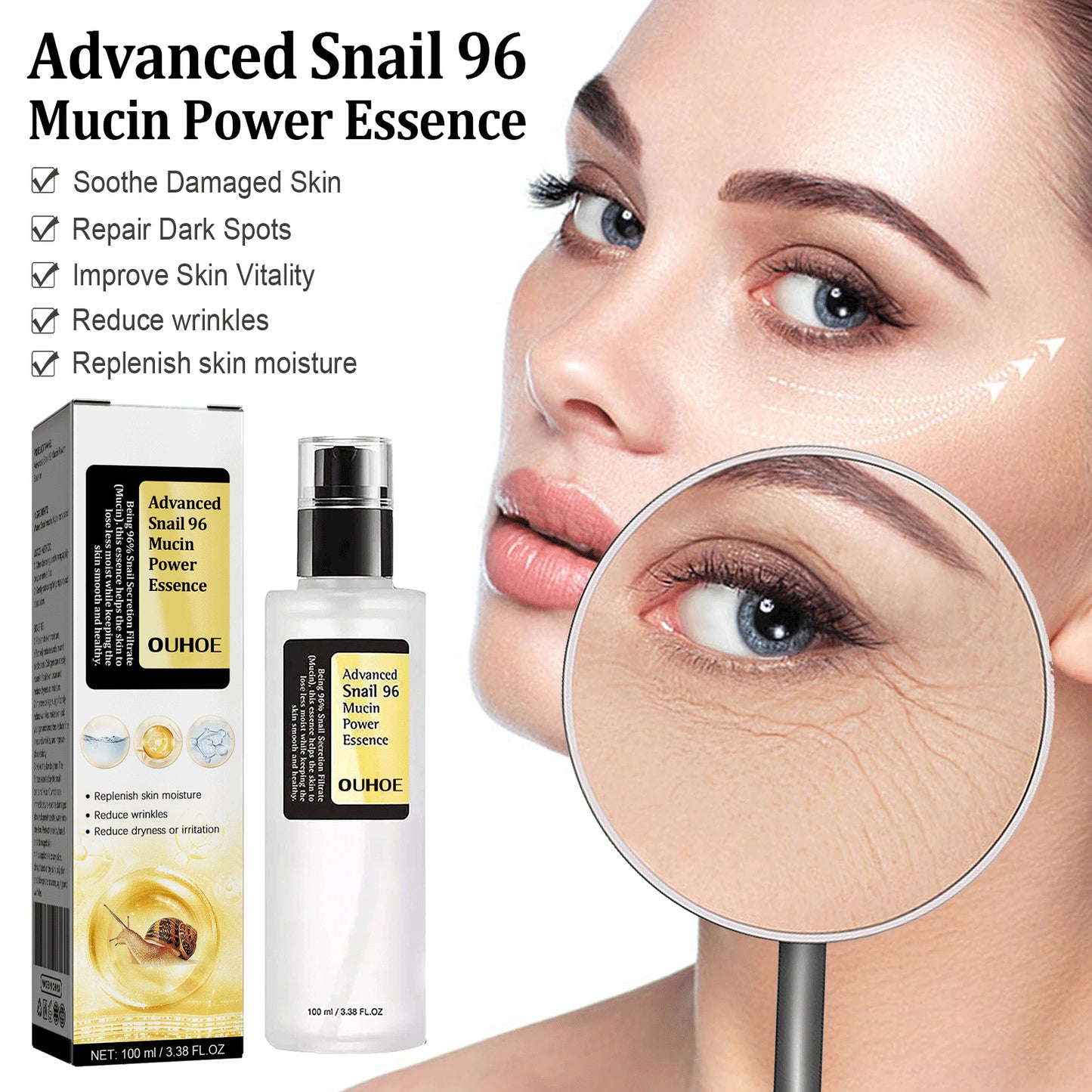 Snail mucin serum on a bathroom shelf