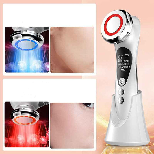 Ultrasonic facial device held against the cheek