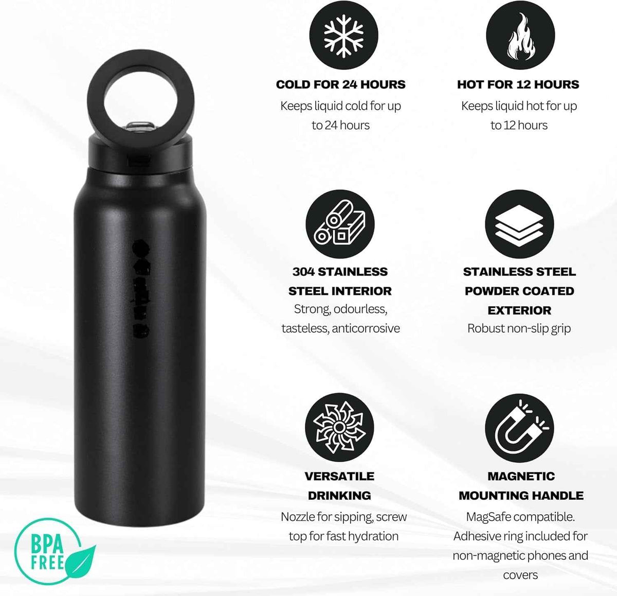 Bottle Gym and Sport Flask with Adjustable Phone Holder/Tripod | 700ml Stainless Steel Insulated Bottle with Magnetic Leak-Proof Lid | Nozzled and Screw-Topped | 24 Hours Cold, 12 Hours Hot