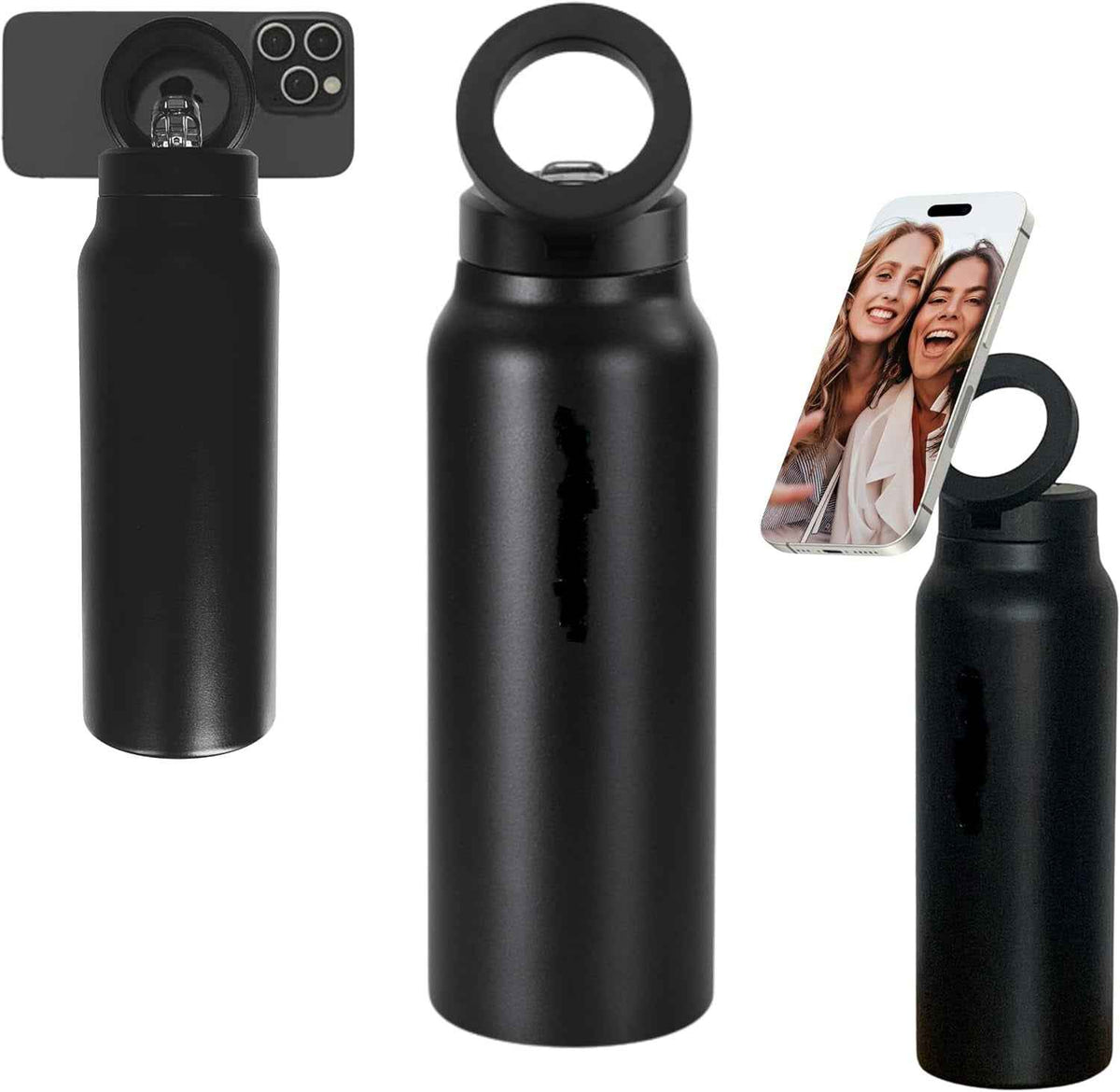 Bottle Gym and Sport Flask with Adjustable Phone Holder/Tripod | 700ml Stainless Steel Insulated Bottle with Magnetic Leak-Proof Lid | Nozzled and Screw-Topped | 24 Hours Cold, 12 Hours Hot