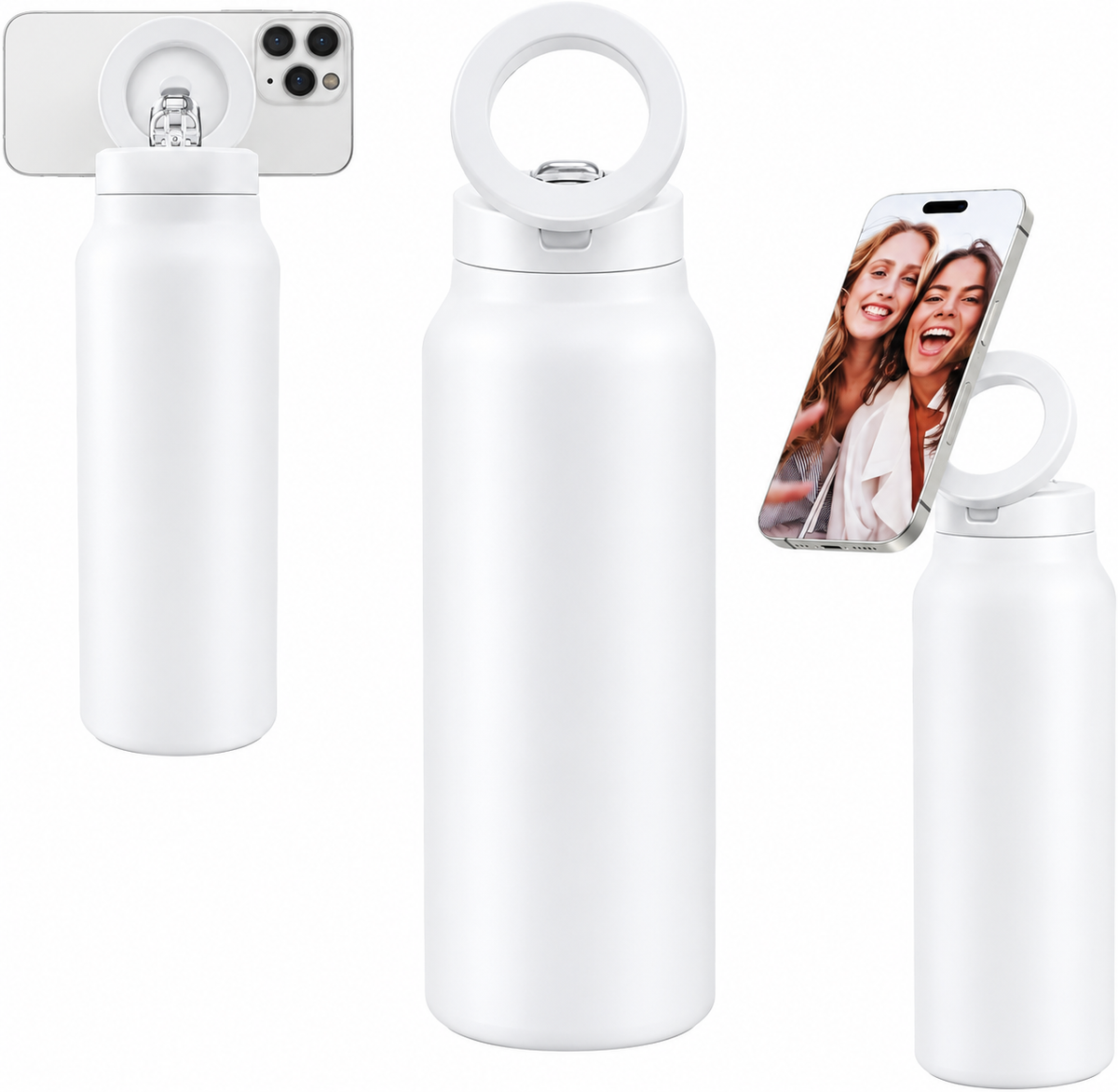 Bottle Gym and Sport Flask with Adjustable Phone Holder/Tripod | 700ml Stainless Steel Insulated Bottle with Magnetic Leak-Proof Lid | Nozzled and Screw-Topped | 24 Hours Cold, 12 Hours Hot