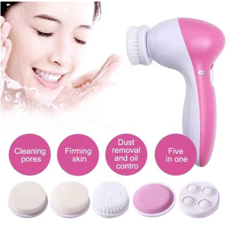 Facial cleansing brush attachment heads laid out