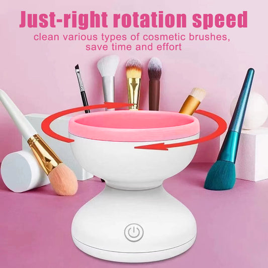 Makeup brush cleaner spinning a brush clean