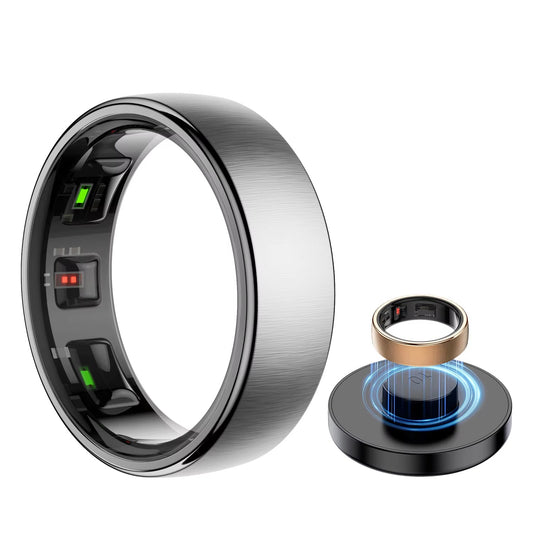 Uhoofit R10 Smart Ring with Charging Dock Men Women Health Sleep Heart Rate Monitoring IP68 &amp; 5ATM Waterproof Multi-sport Mode Ring Size:&nbsp;10 Color:&nbsp;Silver with Charger
