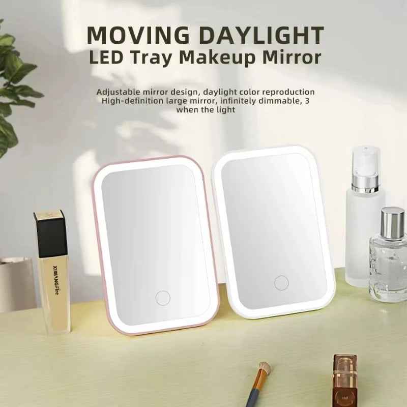 LED makeup mirror standing open on a surface