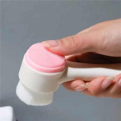 3D double silicone facial cleansing brush manual massage facial brush soft bristles exfoliator double sided face wash brush Color: Pink