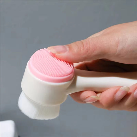 3D double silicone facial cleansing brush manual massage facial brush soft bristles exfoliator double sided face wash brush Color: Pink