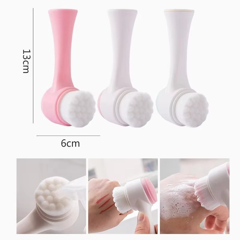 3D double silicone facial cleansing brush manual massage facial brush soft bristles exfoliator double sided face wash brush Color: Pink