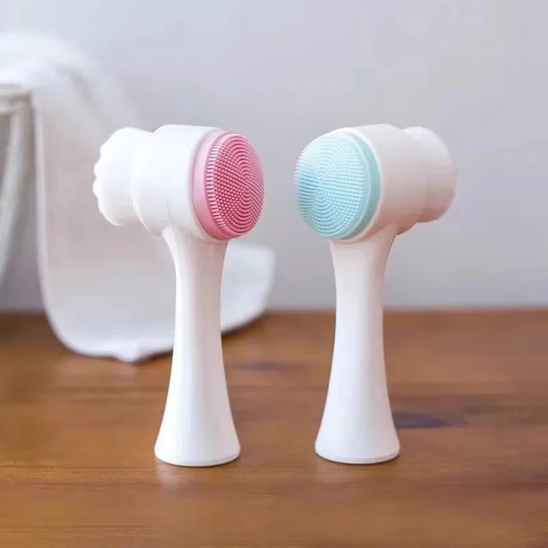 3D double silicone facial cleansing brush manual massage facial brush soft bristles exfoliator double sided face wash brush Color: Pink
