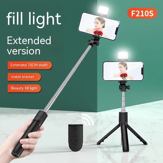 All In One Expandable Portable IPhone Tripod Selfie Stick Selfie Stick With Remote With Detachable BT Wireless Remote Compatible Black (With Light)