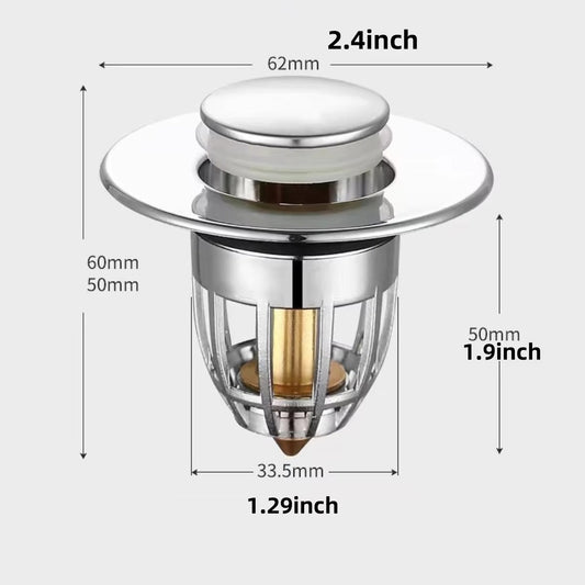 Universal Rebound Drain Plug Filter Basin Pop-up Chrome Sink Filter with Hair Catcher Bathroom Sink Drain Stopper Easy Push Type