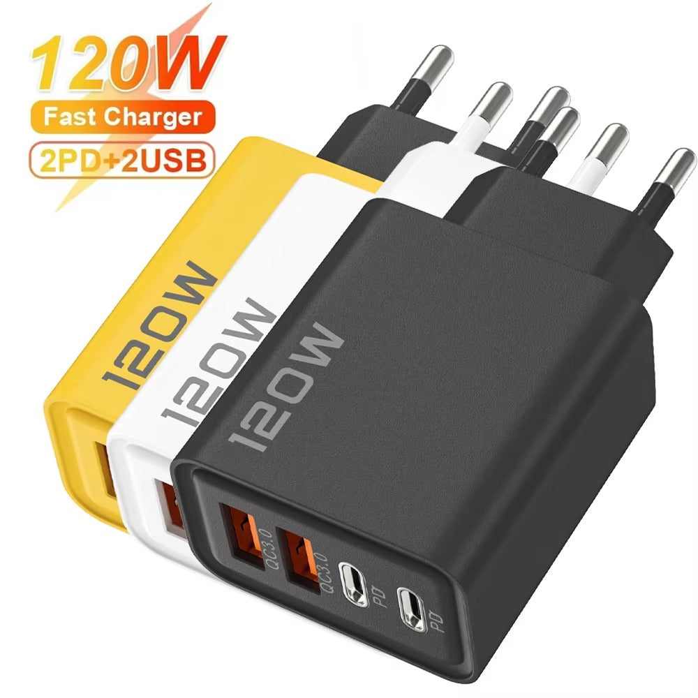 White US Plug Quick Charge 3.0 Fast Charger Muti Total 120W 4 Port USB Type C PD Mobile Phone Wall Adapter for iPhone 16 Samsung S24 Xiaomi 15