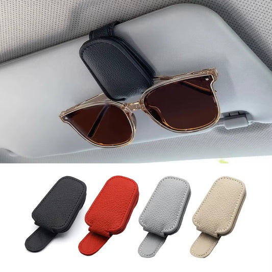 Beige Universal Car Sunglasses Holder Car Magnetic Leather Clip Card Ticket Holder Auto Sun Visor Glasses Box Decoration Accessories