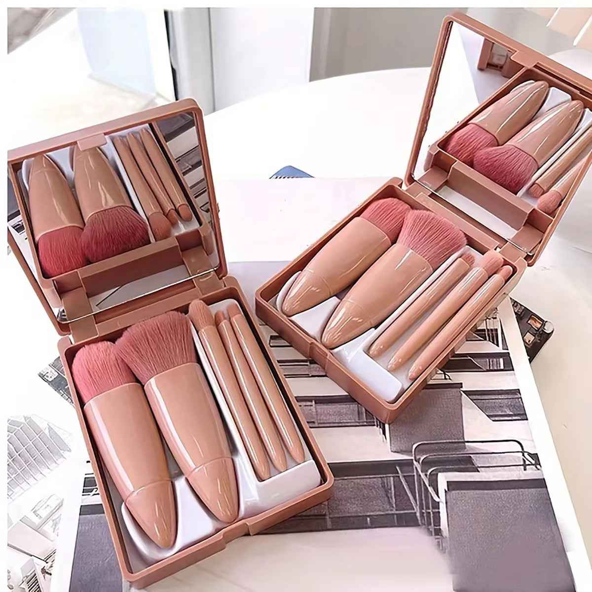 Makeup brush case open showing the built-in mirror