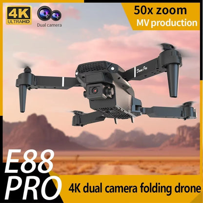 Professional mini remote control drone E88 4K HD aerial camera WiFi FPV foldable quadcopter RC helicopter Children's toy Gift B-4K Dual camera