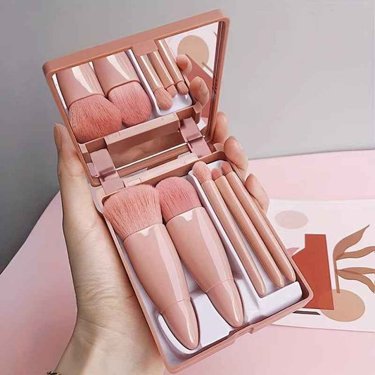 Travel makeup brush set, 5 brushes with folding mirror case