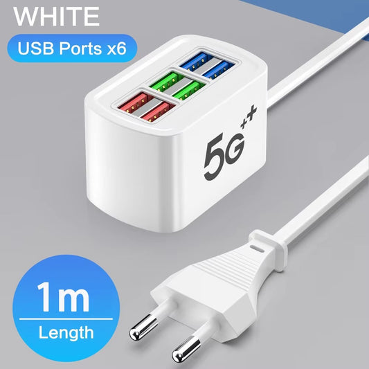 Fast USB Charger 6 in 1 Power Strip Desktop Charging Station Fast Charging 1m Cord USB HUB Adapter Socket for iPhone 16 Home White EU